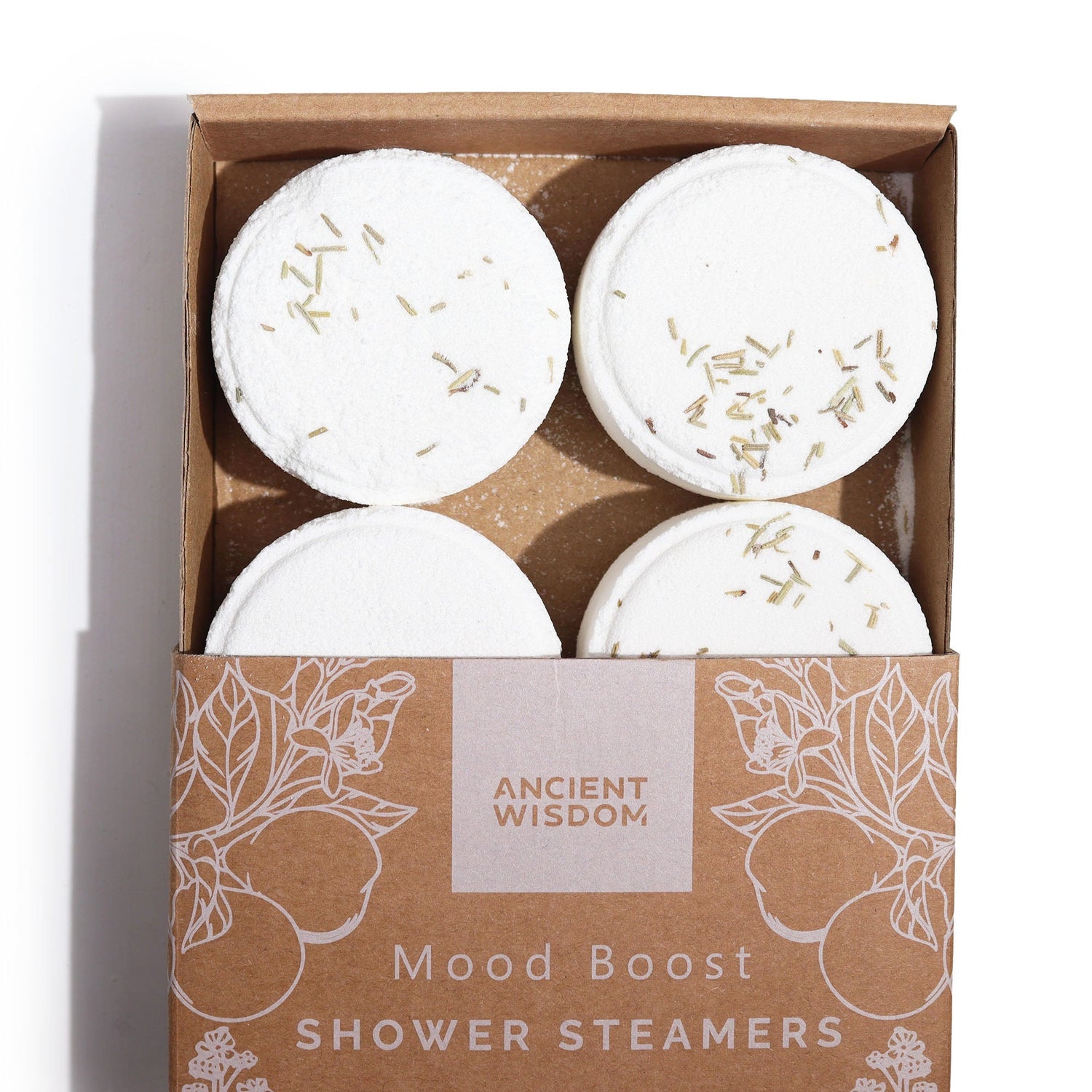 Ancient Wisdom Mood Boost Shower Steamers Gift Set - All - Natural Essential Oils, Vegan & Cruelty - Free, Made in Sheffield, UK - Uplifting Aromatherapy with Grapefruit, Bergamot, Rosemary, Lemon Tea Tree - Set of 4 - SHAMTAM.COM