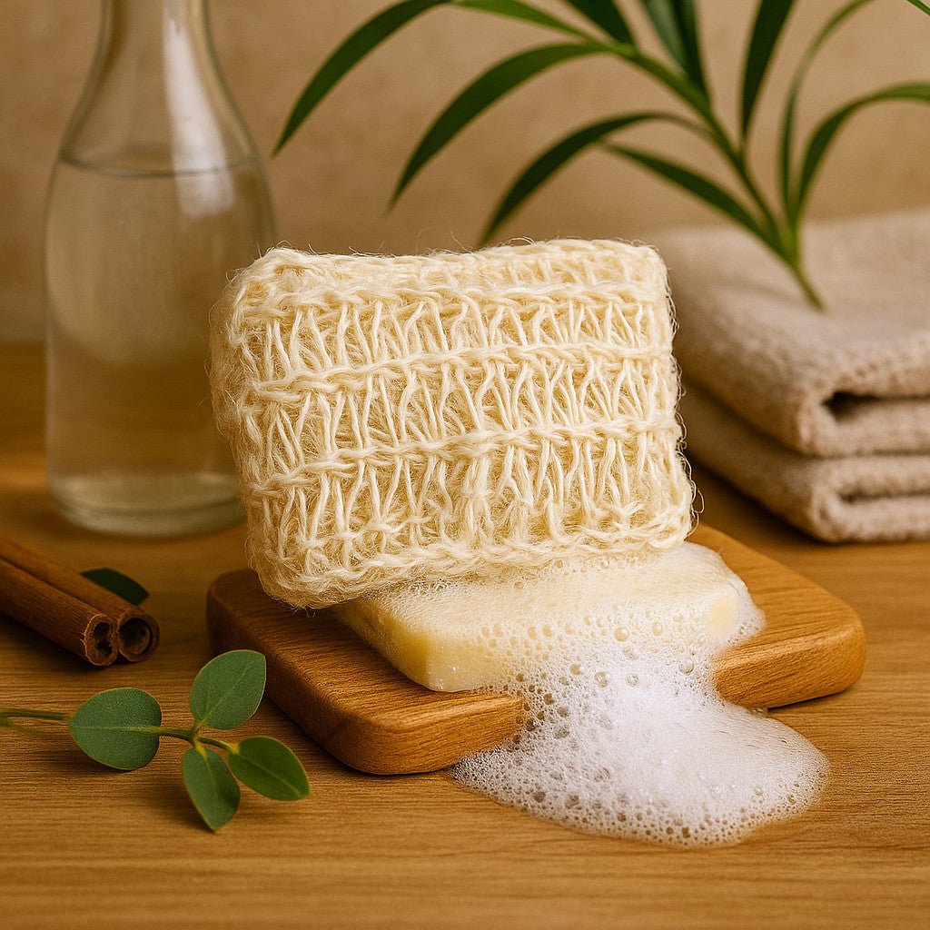 Natural soap bar with loofah on a wooden board with a glass bottle and cinnamon sticks in the background.