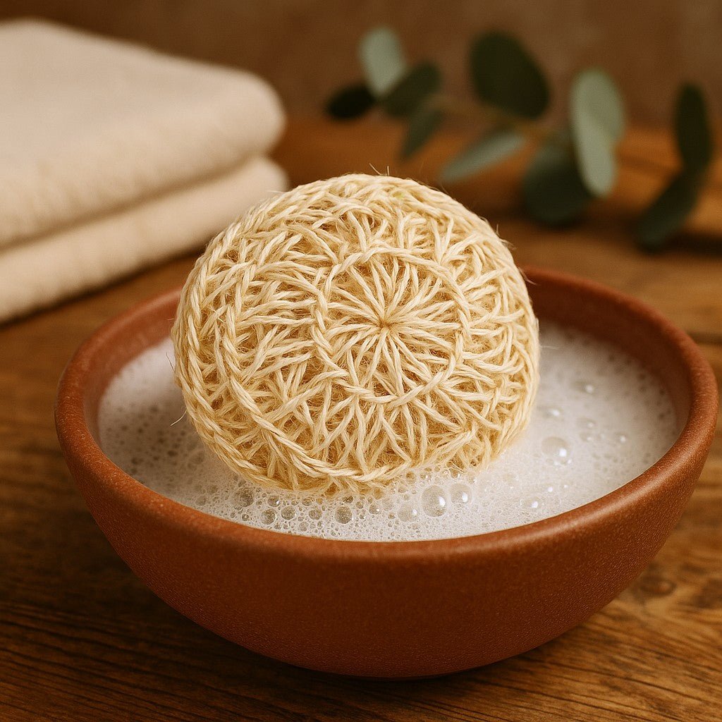 Loofah sponge in a bowl with soapy water on a wooden surface