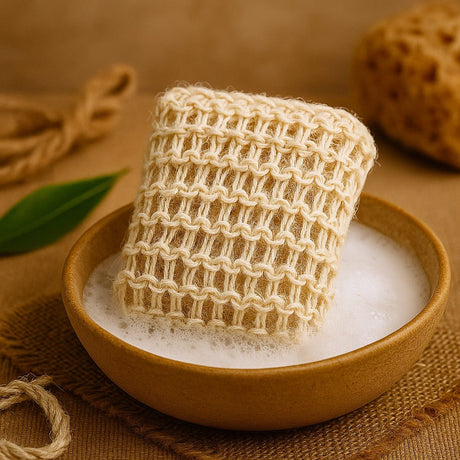 Knitted soap saver in a bowl of sudsy water on a brown background
