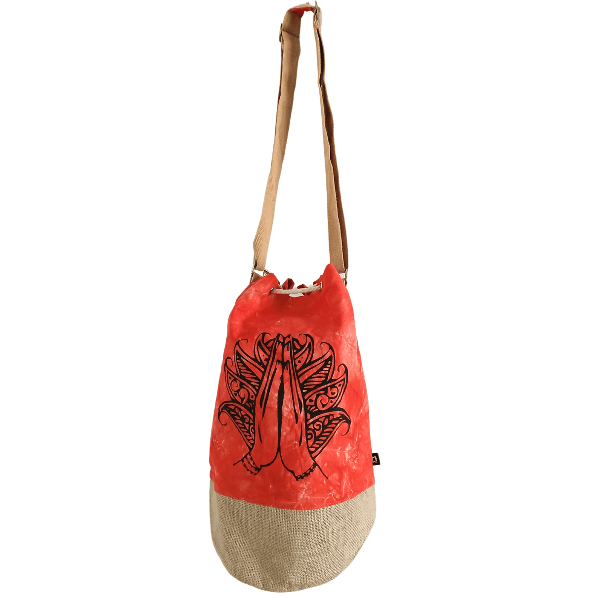 Eco - Friendly Orange Stonewash Sling Bag with Namaste Hand Design and Adjustable Strap - SHAMTAM.COM