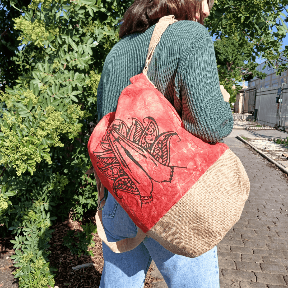 Eco - Friendly Orange Stonewash Sling Bag with Namaste Hand Design and Adjustable Strap - SHAMTAM.COM