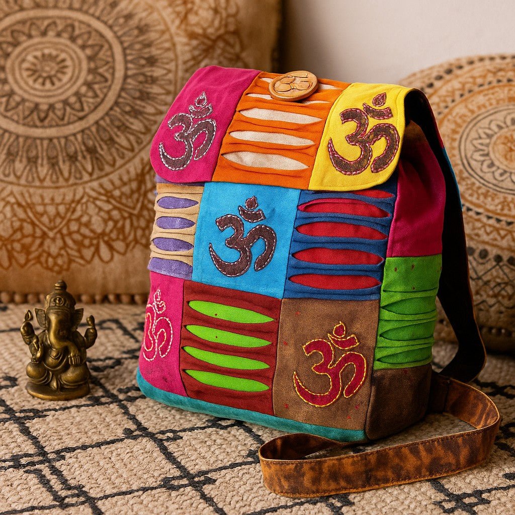 Colorful bag with Om symbols on a patterned rug