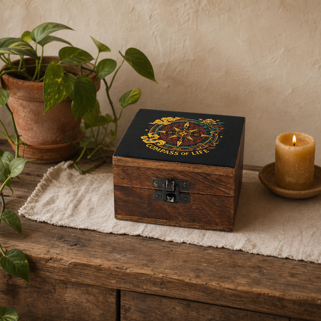Small Enamelled Box - Compass of Life — styled in a warm, naturally lit interior