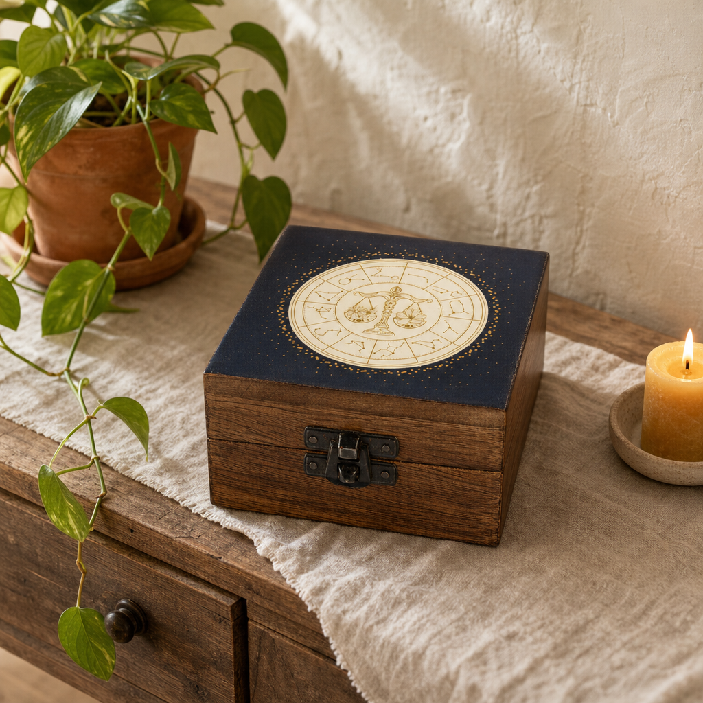 Small Enamelled Box - Libra — styled in a warm, naturally lit interior