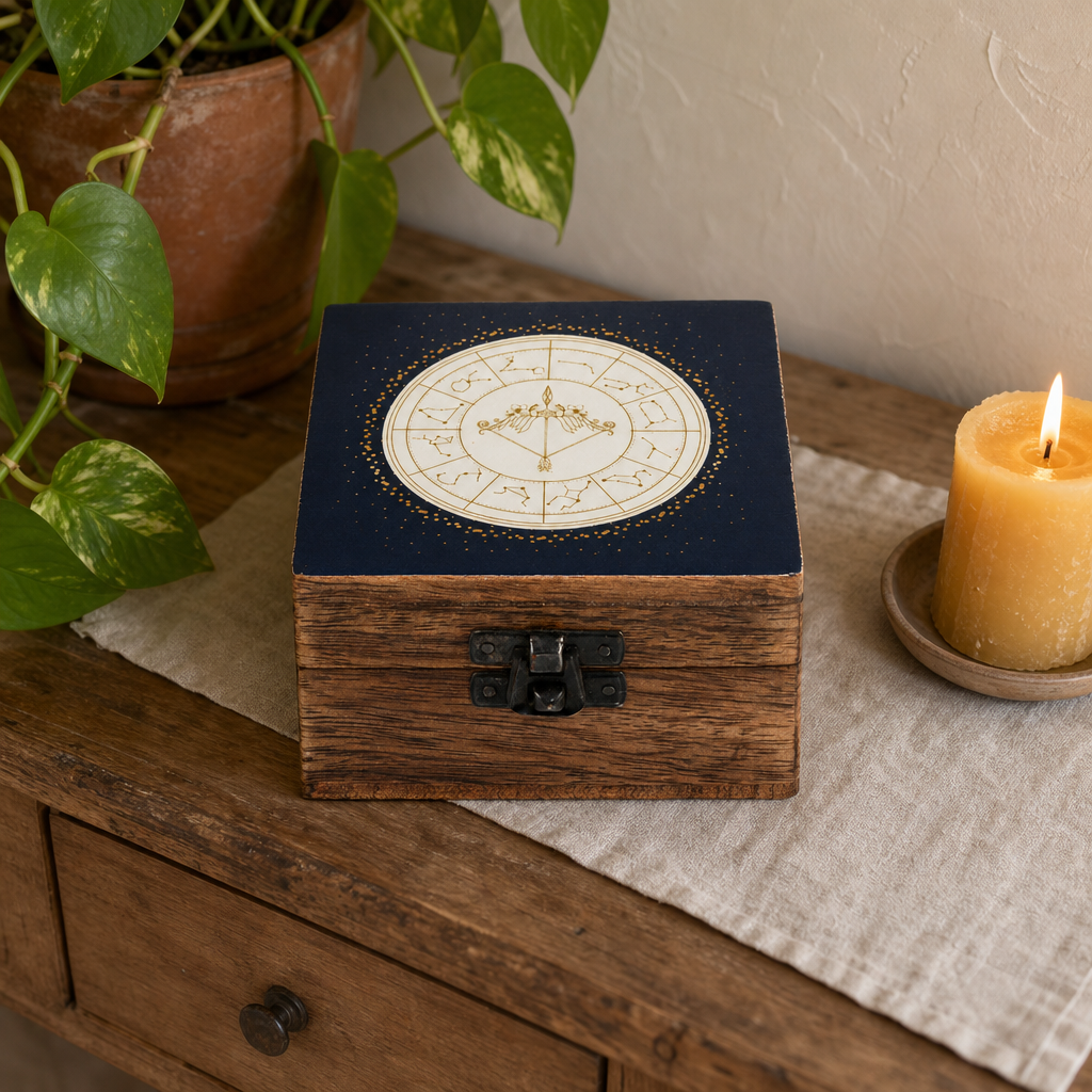 Small Enamelled Box - Sagittarius — styled in a warm, naturally lit interior