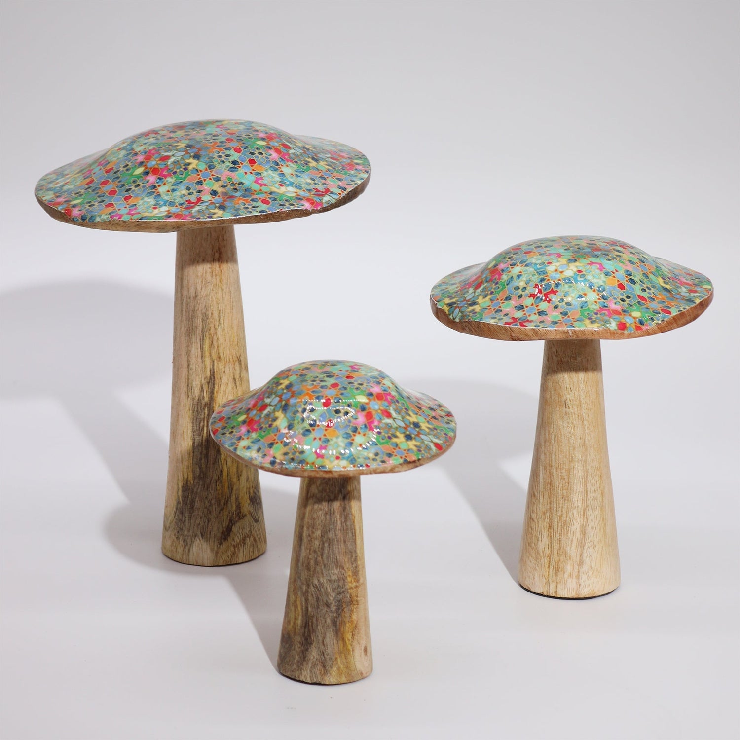 Handcrafted Small Wooden Mushroom Decor with Mediterranean Tile Pattern – Vibrant Artistic Accent for Home - SHAMTAM.COM