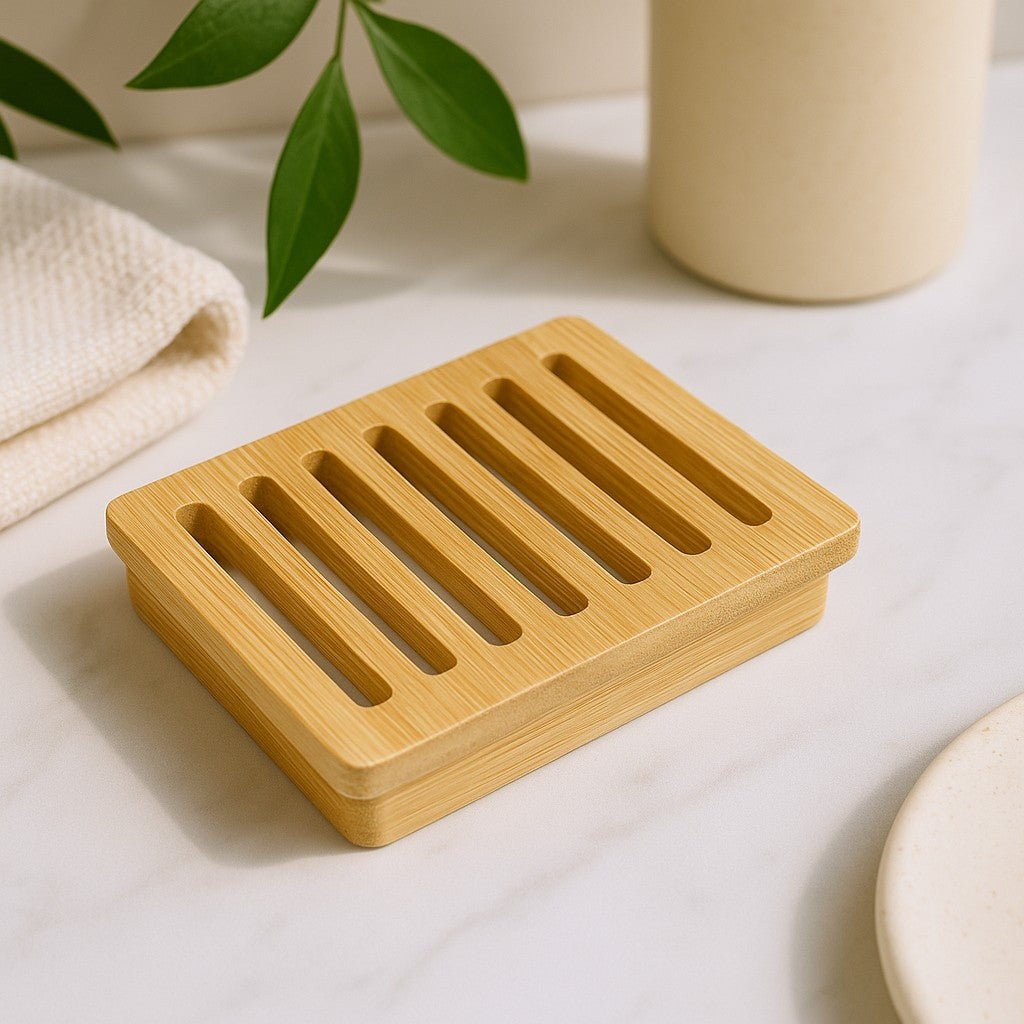 Wooden soap dish on a light surface with a plant and towel in the background
