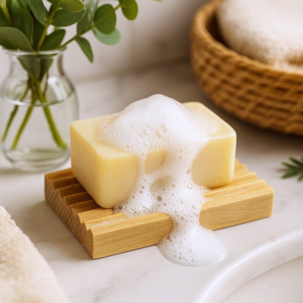 Bar of soap with suds on a wooden soap dish, surrounded by a plant and woven basket.