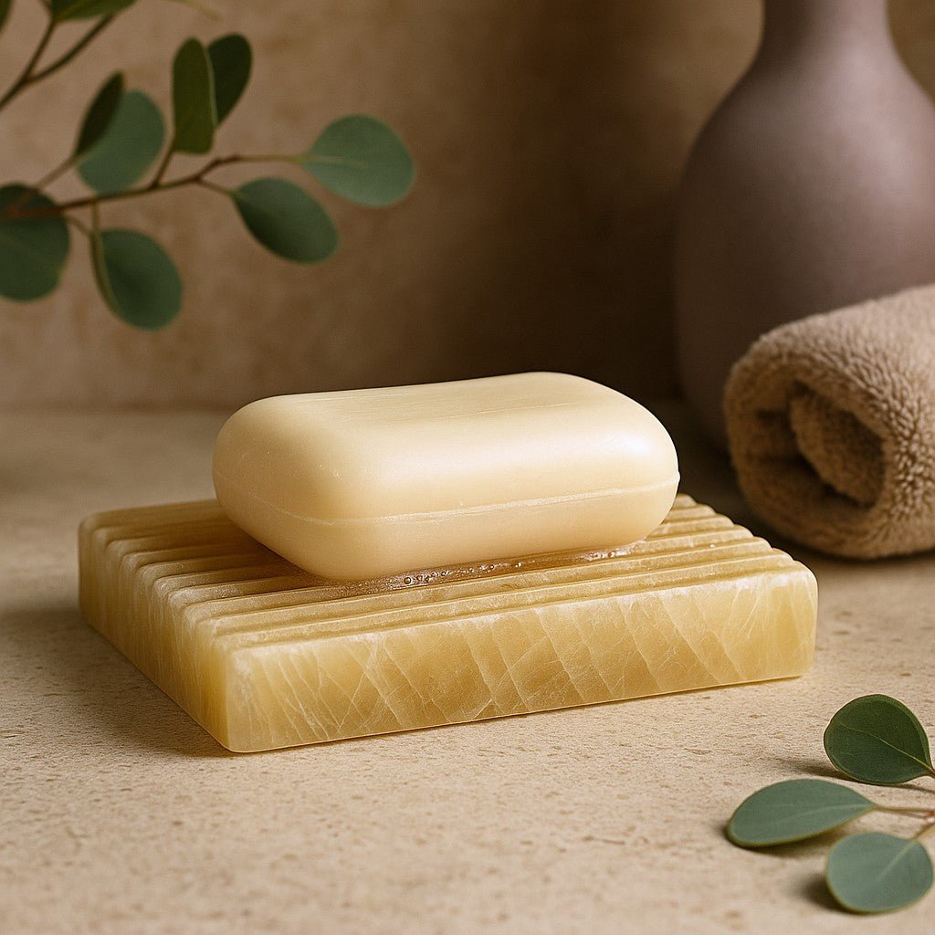 Bar of soap on a natural stone soap dish with green leaves and a vase in the background