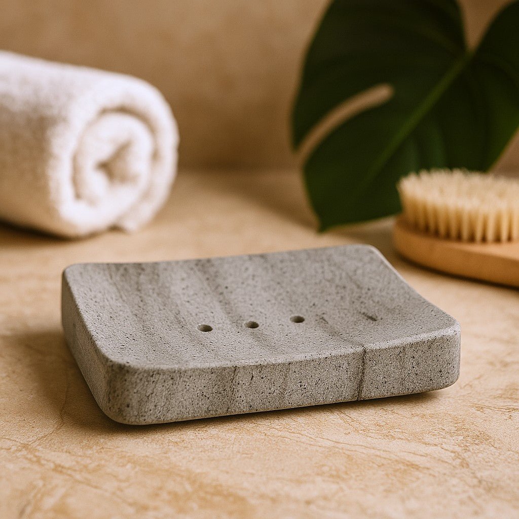 Gray stone soap dish on a wooden surface with a towel and brush in the background