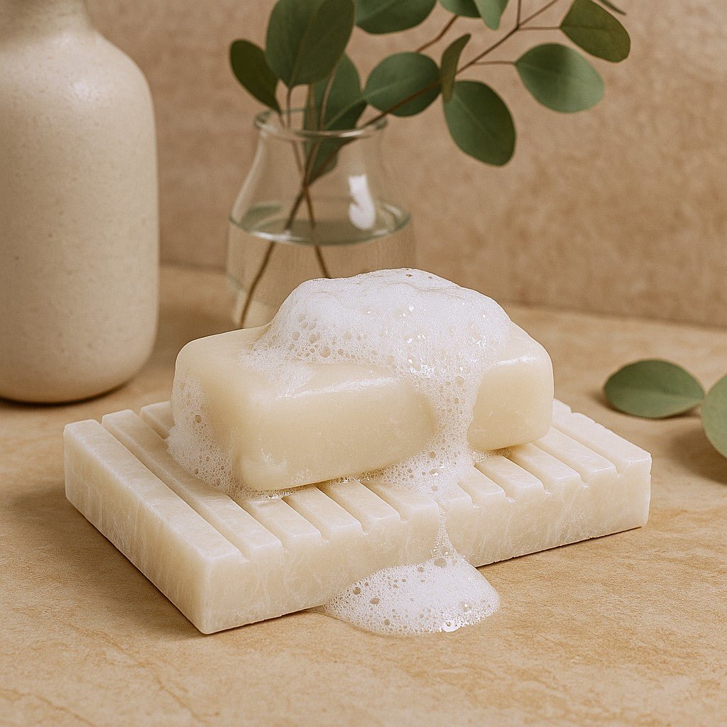 Bar of soap with lather on a soap dish with a vase and leaves in the background