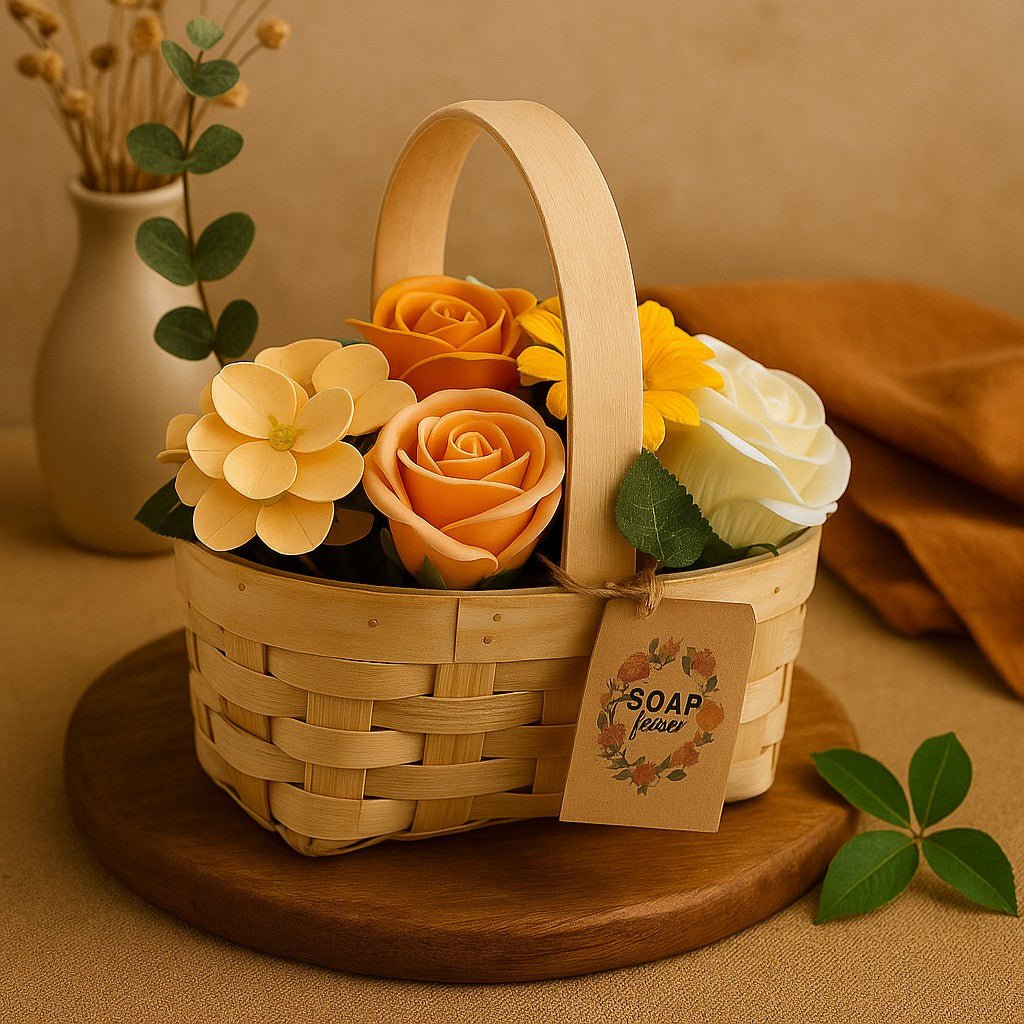 Decorative basket with soap flowers on a wooden surface