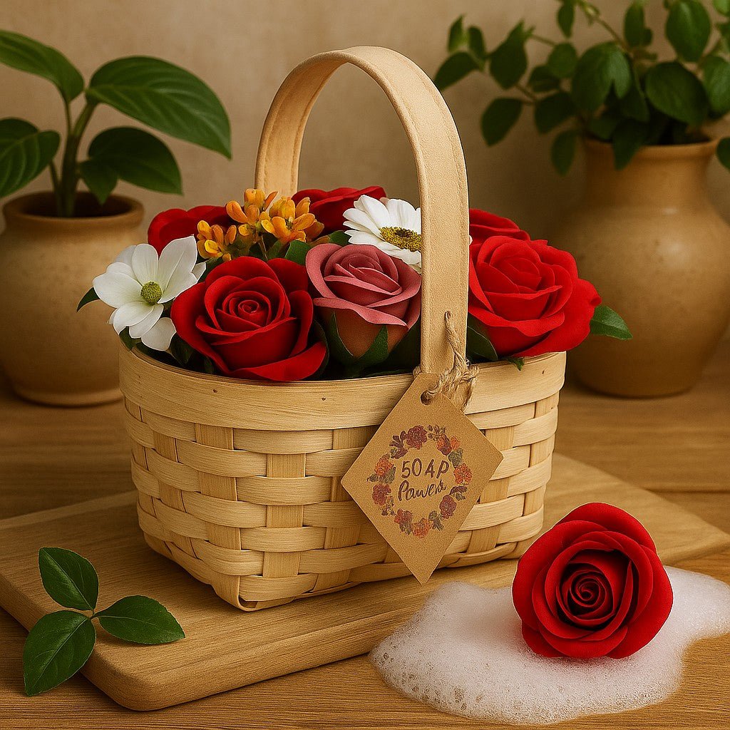 Woven basket with artificial flowers and a tag on a wooden surface with plants in the background