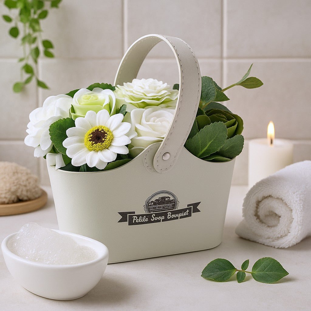 Decorative basket with flowers and soap on a table