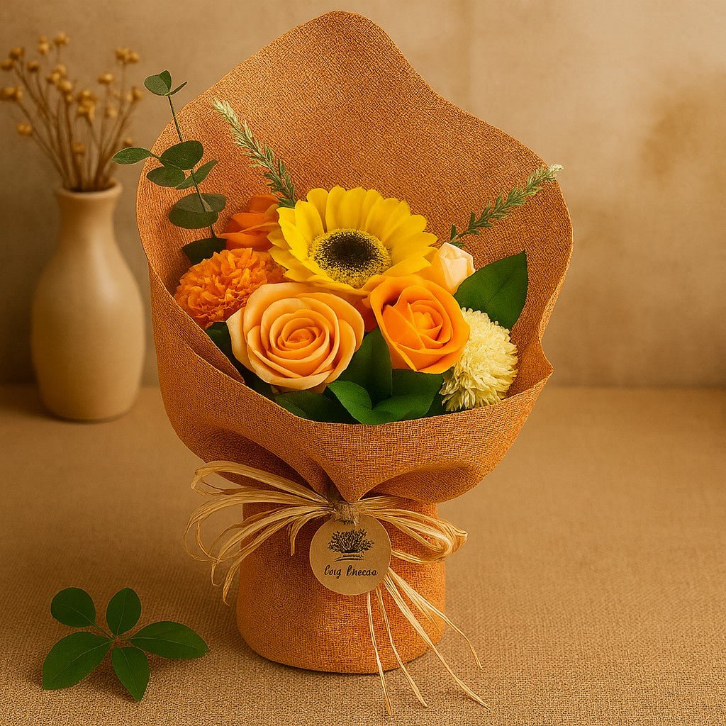 Bouquet of flowers wrapped in brown paper with a beige background