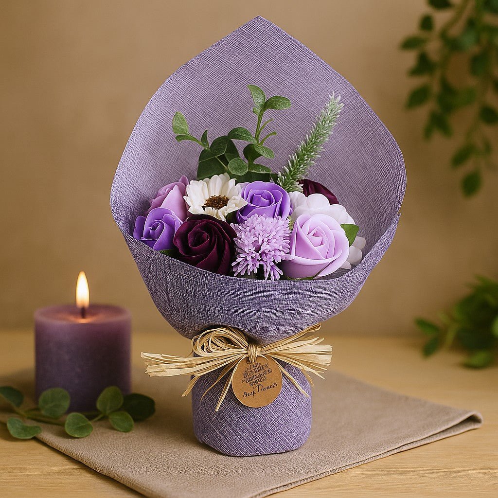 Bouquet of soap flowers wrapped in purple paper with a candle and greenery on a beige background