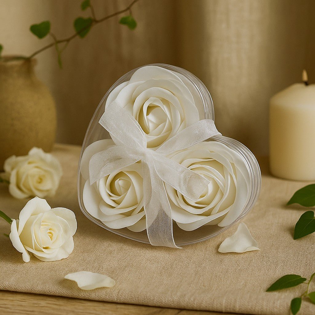 Heart-shaped box with white roses on a beige surface with flowers and a candle in the background