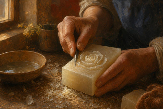 Ambachtsman die met de hand een zeepbloemblad houtsnijdt in een traditionele werkplaats