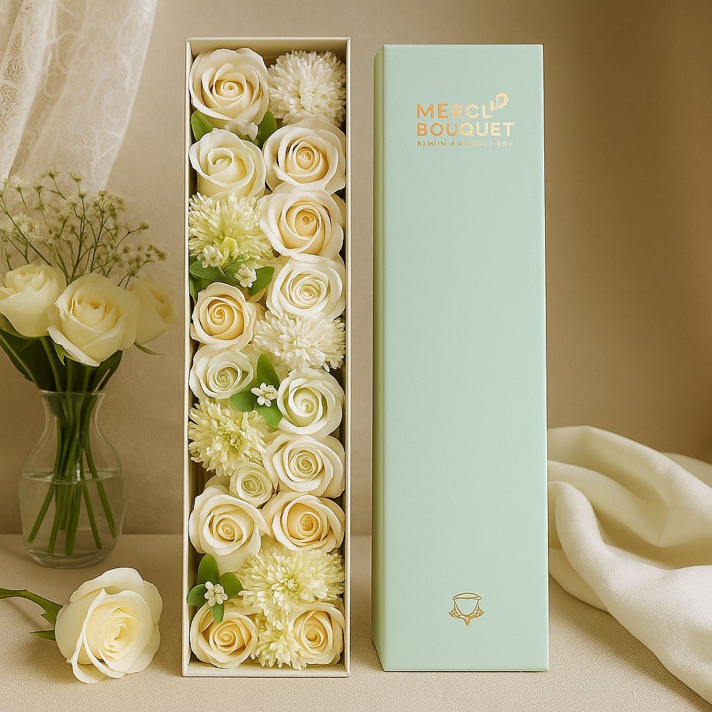Floral arrangement in a box with 'MESQUIL BLOUQUET' branding, next to a vase of flowers on a beige surface.