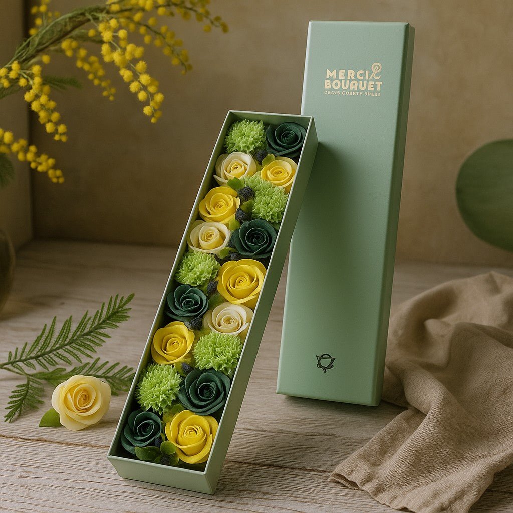 Long green box filled with yellow, green, and white roses on a wooden surface.