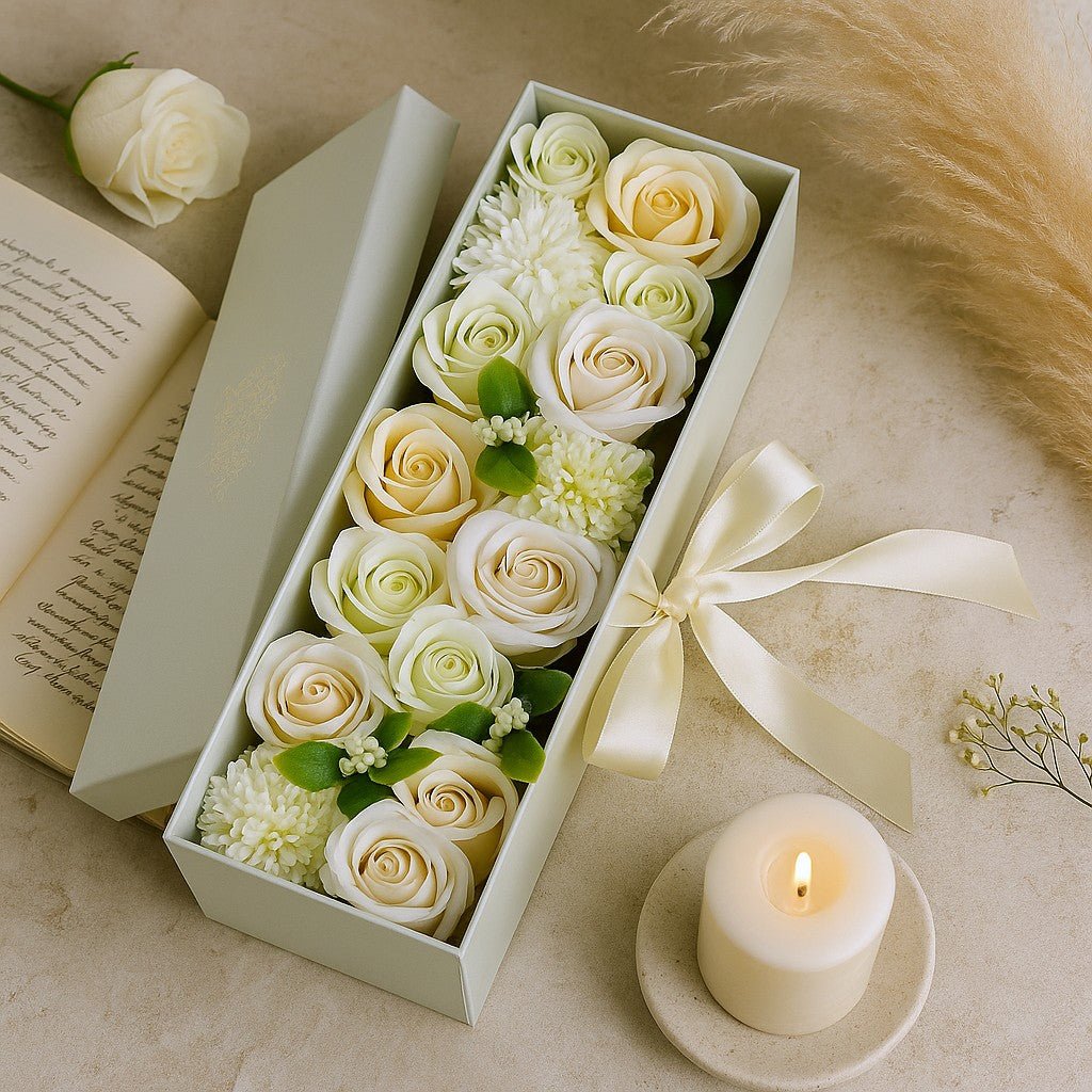 White and cream roses in a box with a lit candle on a beige surface
