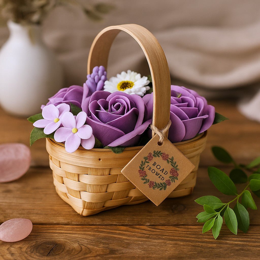 Basket of purple and white flowers with a wooden handle on a wooden surface, featuring a 'Bouq Flowers' tag.