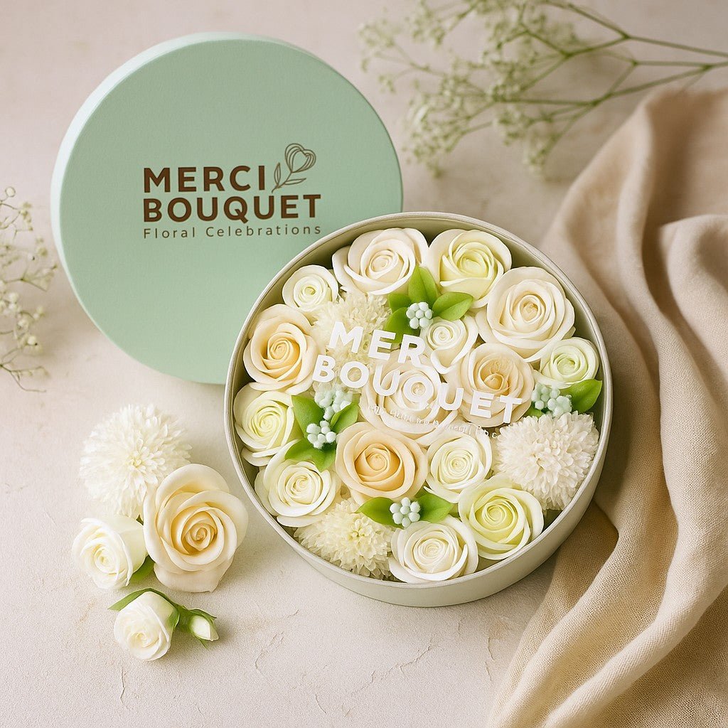 Floral arrangement in a round box with 'Merci Bouquet' branding on a light background.