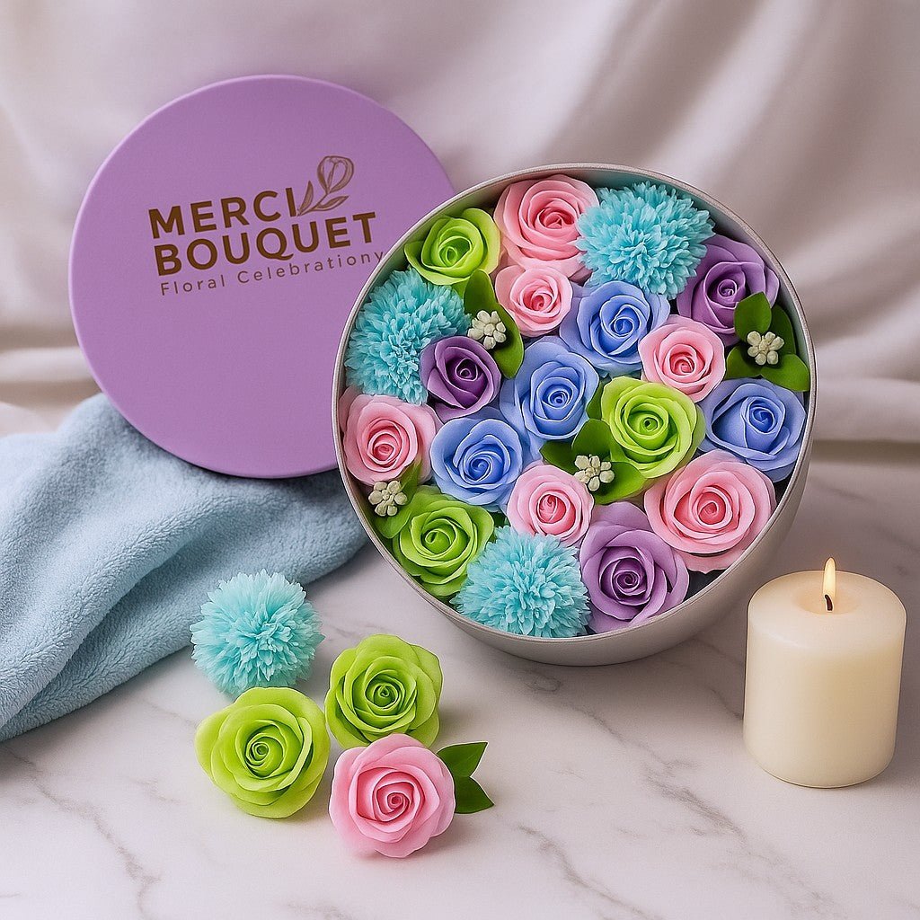 Colorful floral arrangement in a Merci Bouquet box on a marble surface with a candle.