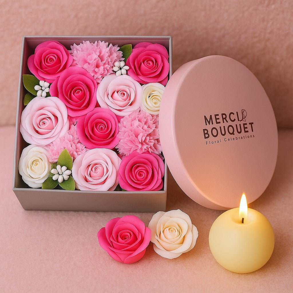 Pink and white roses in a box with 'Merci Bouquet' branding, a lit candle on a pink background.