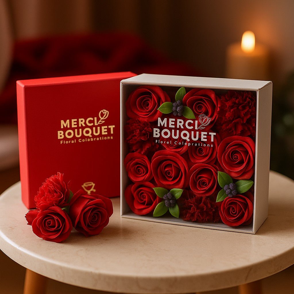 Red roses in a 'Merci Bouquet' box on a wooden table with a blurred candlelit background.