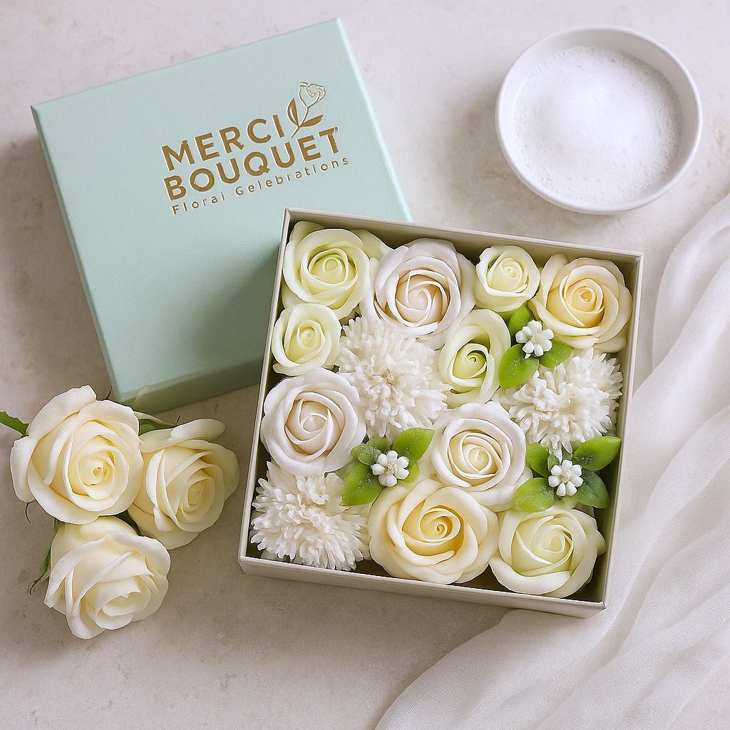 Box of white and green roses with 'Merci Bouquet' branding on a light background
