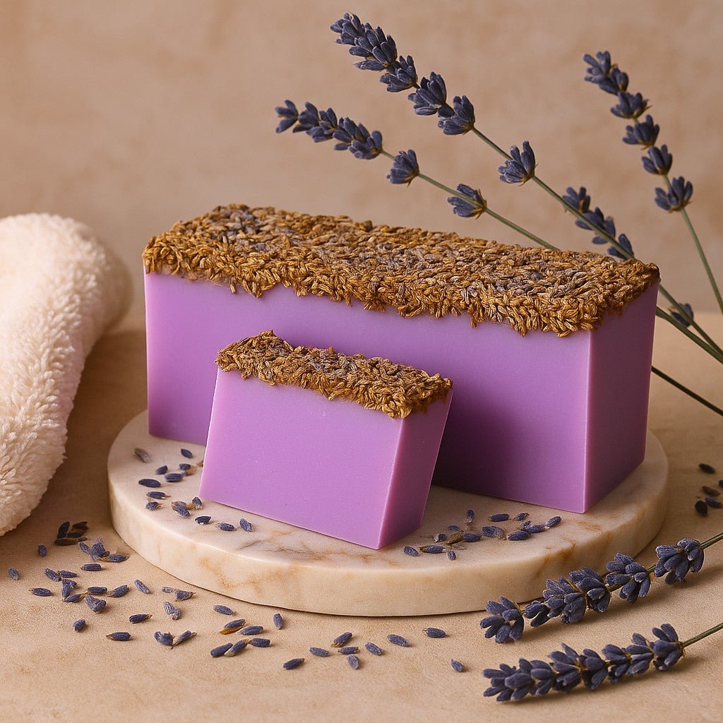 Two purple soap bars with a textured brown top on a beige surface with lavender flowers.