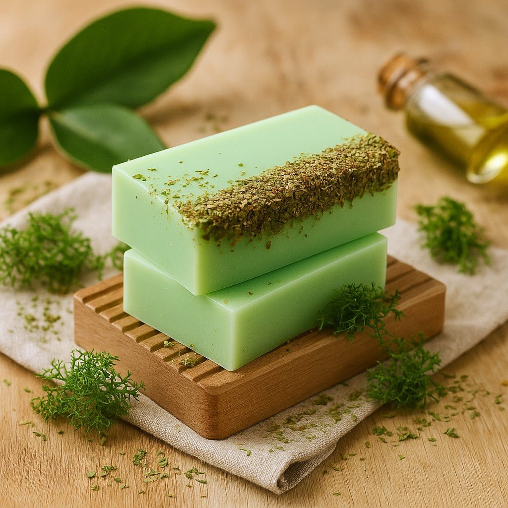 Two green bars of soap with a textured top on a wooden soap dish, surrounded by greenery and a bottle of oil.