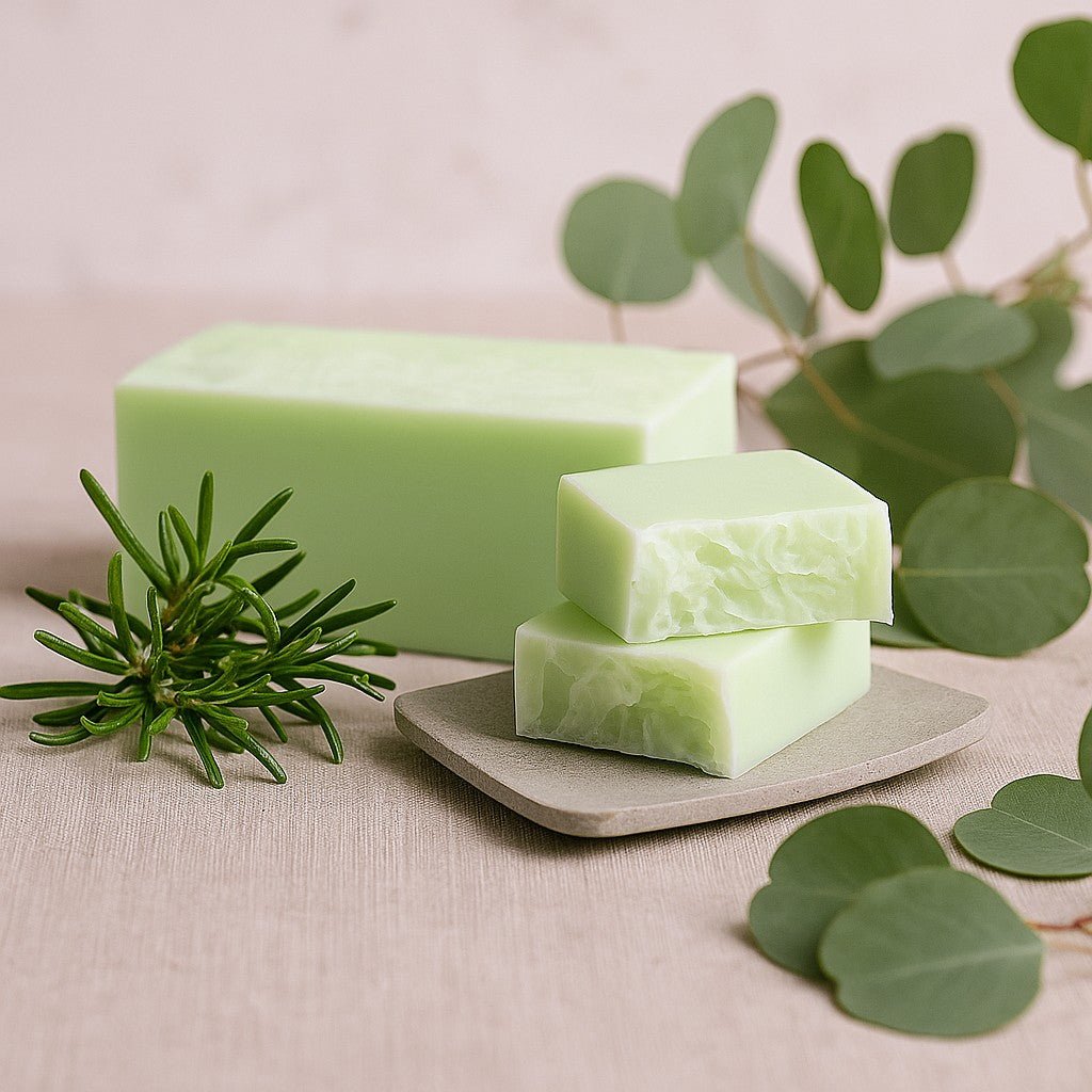 Green soap bars on a beige surface with green leaves and branches.