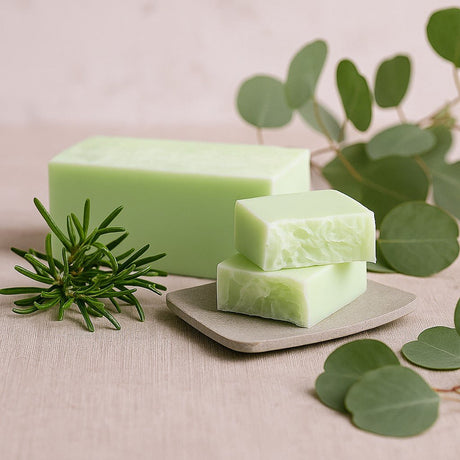 Green soap bars on a beige surface with green leaves and branches.