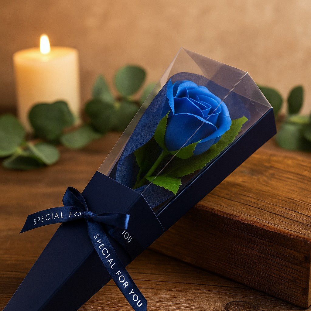Blue rose in a clear box with a navy ribbon on a wooden surface with a candle and leaves in the background.