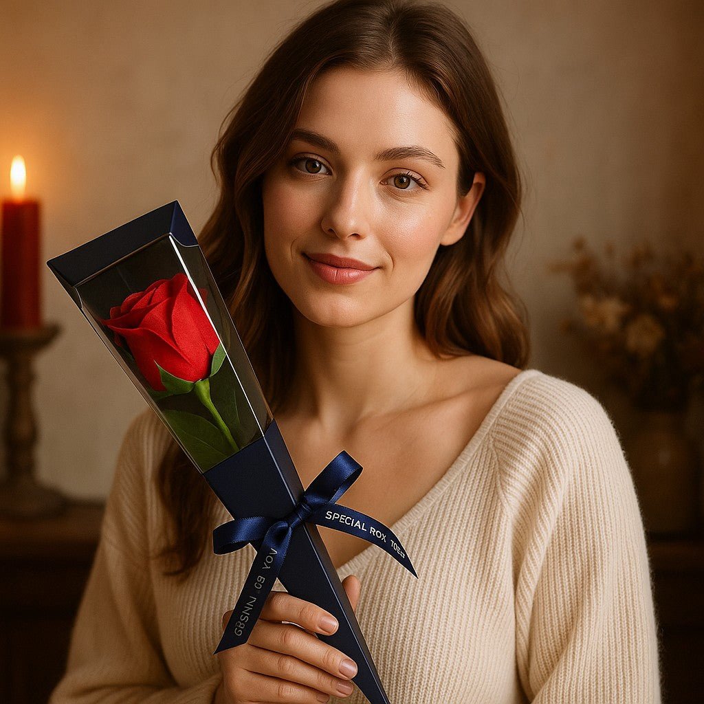 Woman holding a red rose in a black box with blue ribbon against a warm-toned background
