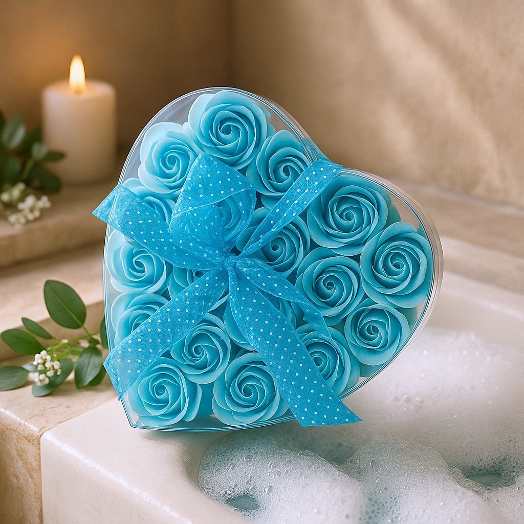 Soap Roses Heart Box, Blue Set of 24 - SHAMTAM.COM