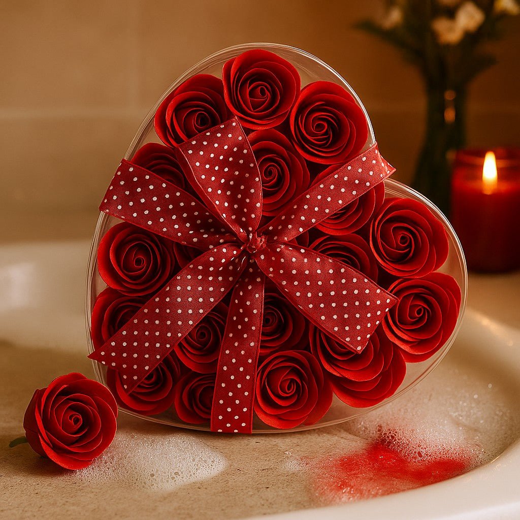 Heart-shaped box of red roses with a polka dot bow on a bathtub.