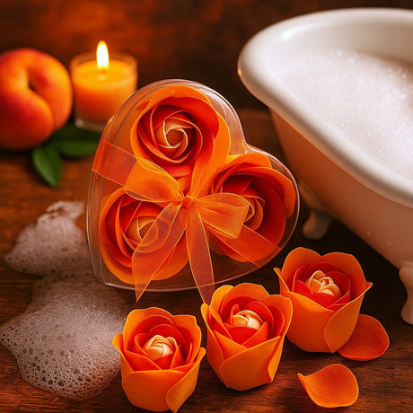 Heart-shaped box with orange roses and a candle on a wooden surface