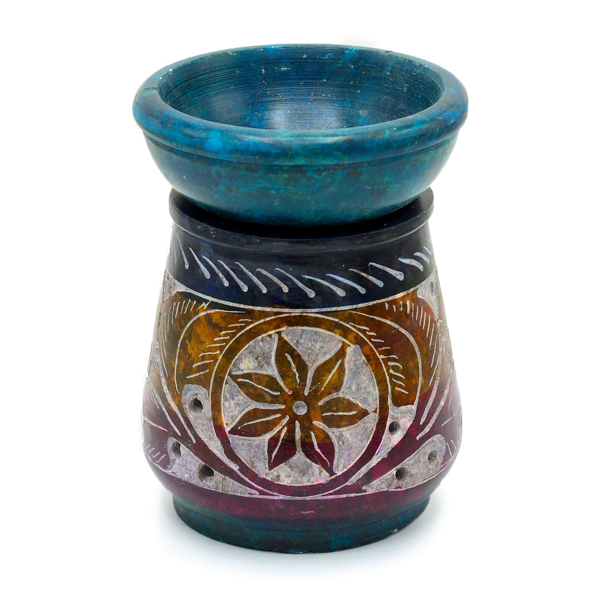 Handcrafted Floral Soapstone Oil Burner - 8cm Multi - Coloured Aromatherapy Diffuser Made in India - SHAMTAM.COM