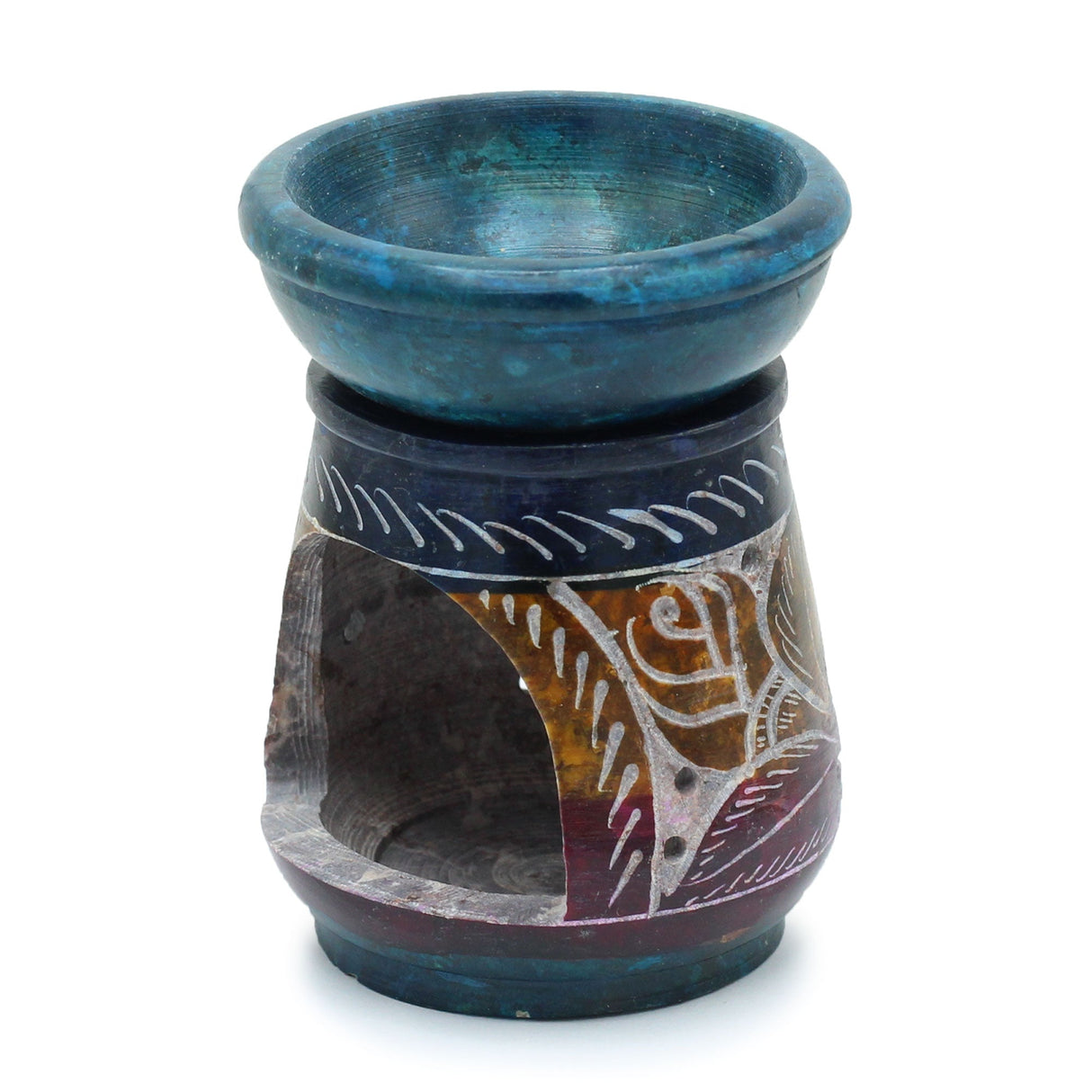 Handcrafted Floral Soapstone Oil Burner - 8cm Multi - Coloured Aromatherapy Diffuser Made in India - SHAMTAM.COM