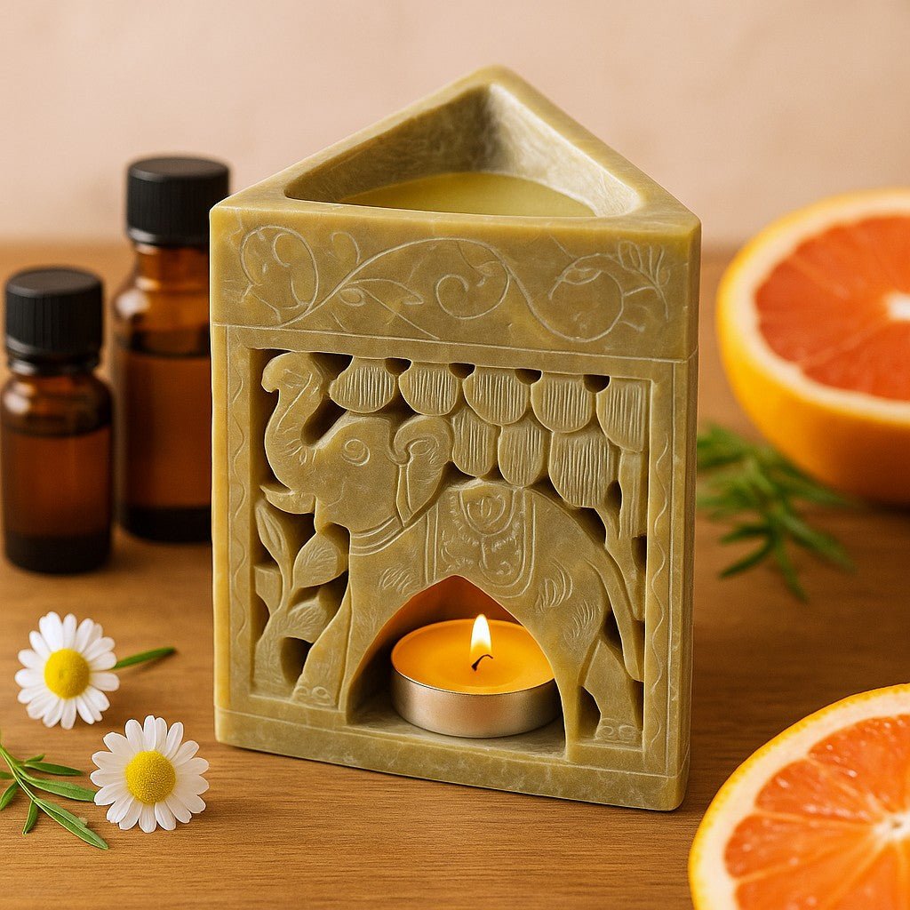 Decorative wax warmer with an elephant design on a wooden surface with essential oils and oranges.