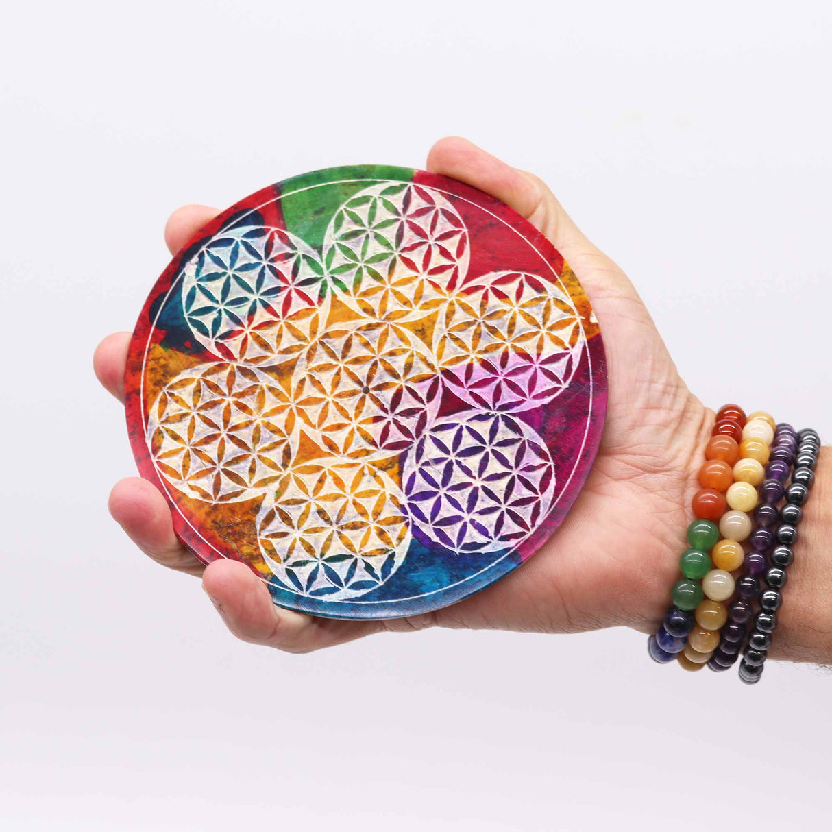 Handcrafted Soapstone Incense Burner with 7 Flower of Life Design – Vibrant Sacred Geometry for Spiritual Ambiance - SHAMTAM.COM