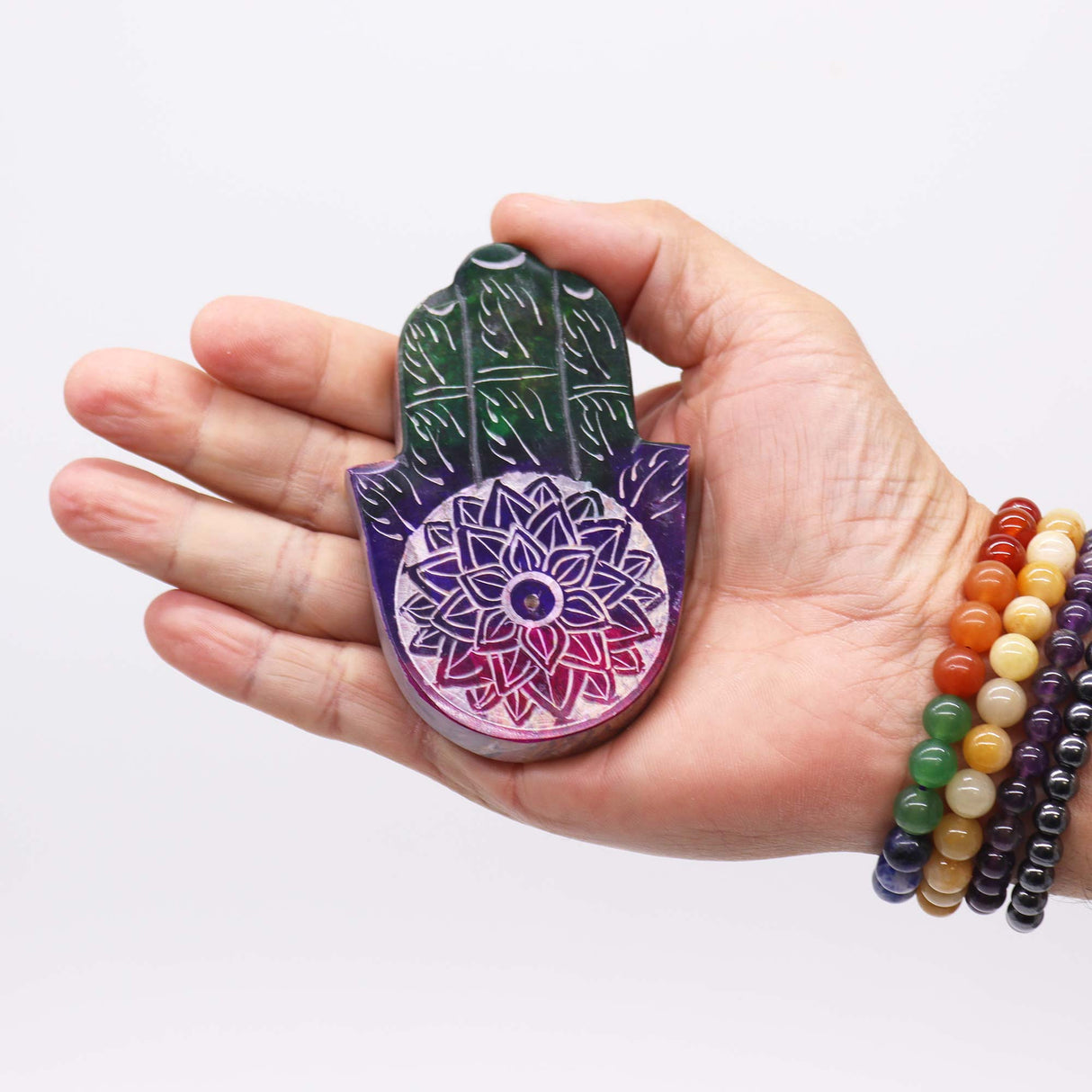 Handcrafted Soapstone Hamsa Incense Burner with Lotus Flower Design for Spiritual Protection and Serenity - SHAMTAM.COM