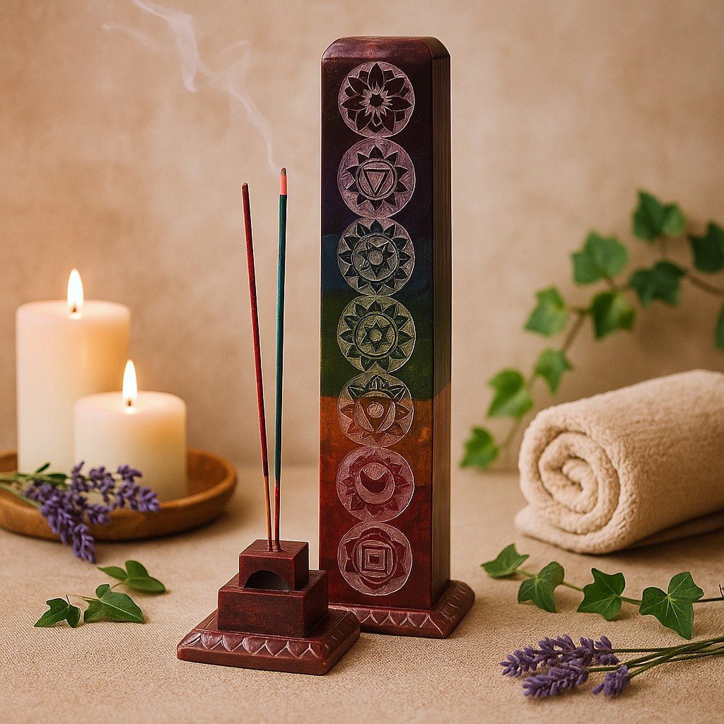 Incense burner with chakra symbols, candles, and lavender on a beige surface.
