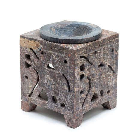 Square Soapstone Oil Burner with Elephant Carvings - 10x7.5cm, Made in India, Ideal for Essential Oils and Wax Melts - SHAMTAM.COM