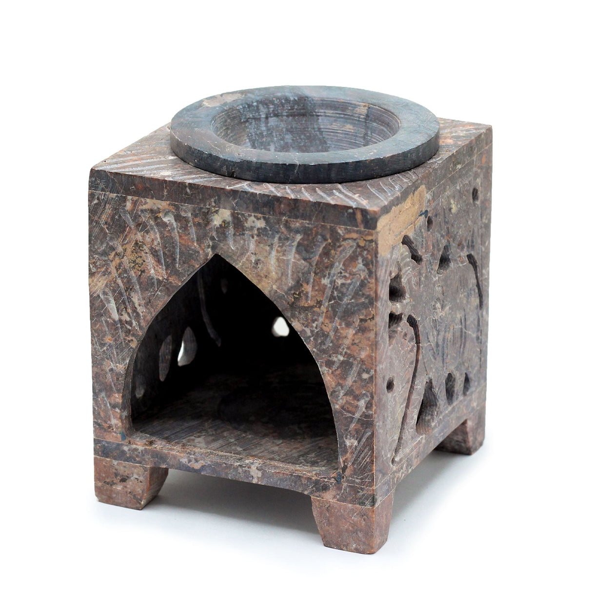 Square Soapstone Oil Burner with Elephant Carvings - 10x7.5cm, Made in India, Ideal for Essential Oils and Wax Melts - SHAMTAM.COM