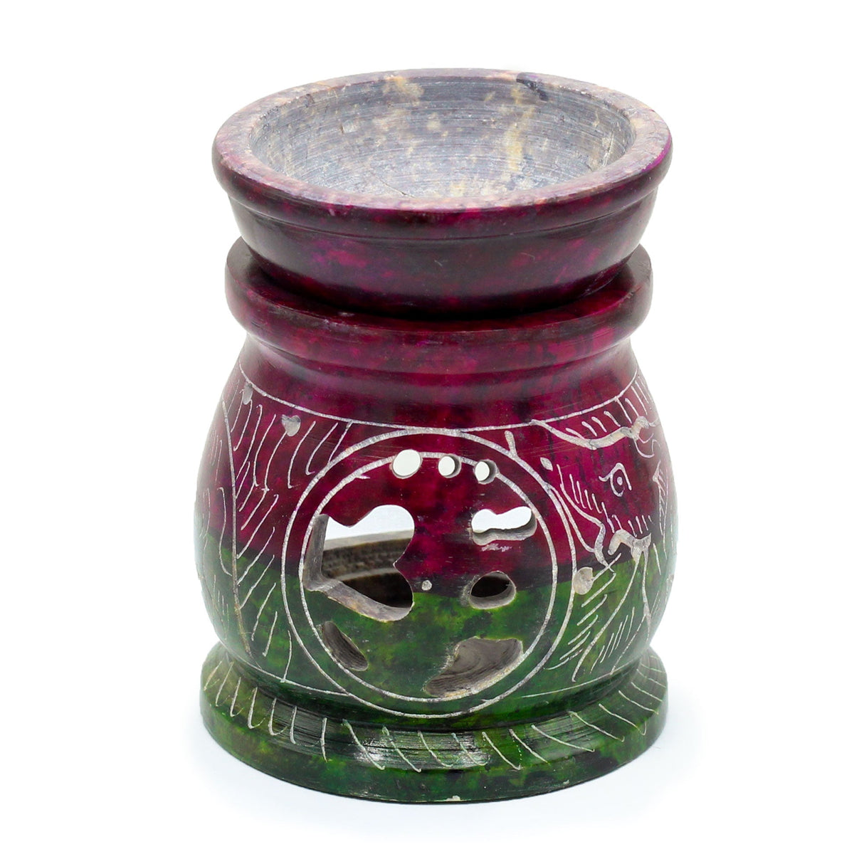 Charming 8cm Soapstone Oil Burner with Om & Elephant Design - Made in India - SHAMTAM.COM